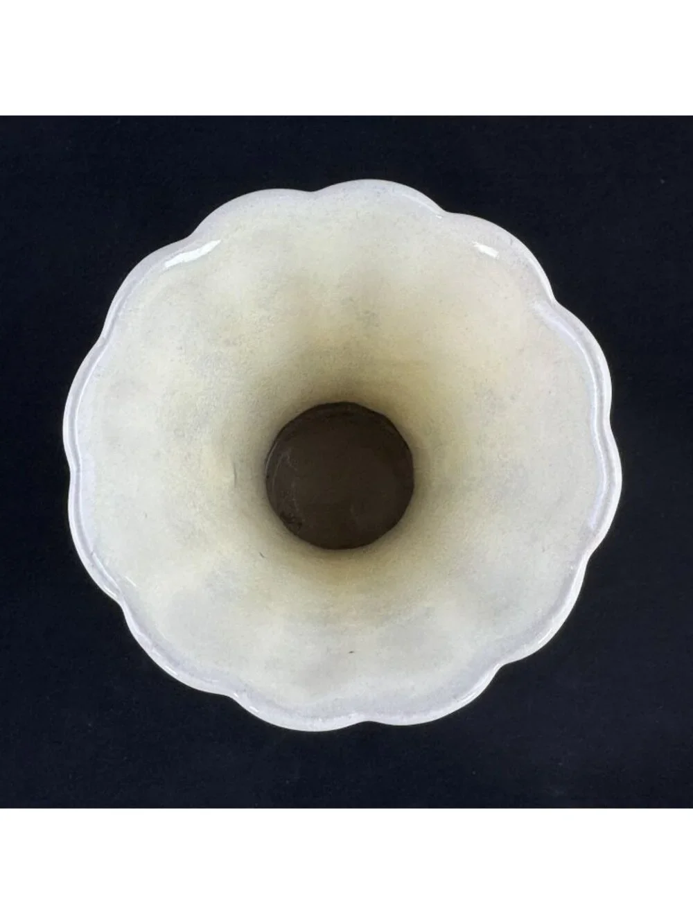 Vintage Cream Ceramic Vase Scalloped Rim Embossed Scroll 6.5” Tall Pottery